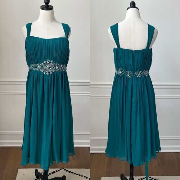 Johnny Emerald Green Chiffon Overlay Sleeveless Dress Rhinestone Waist 2X 3X 4X - Picture 1 of 7